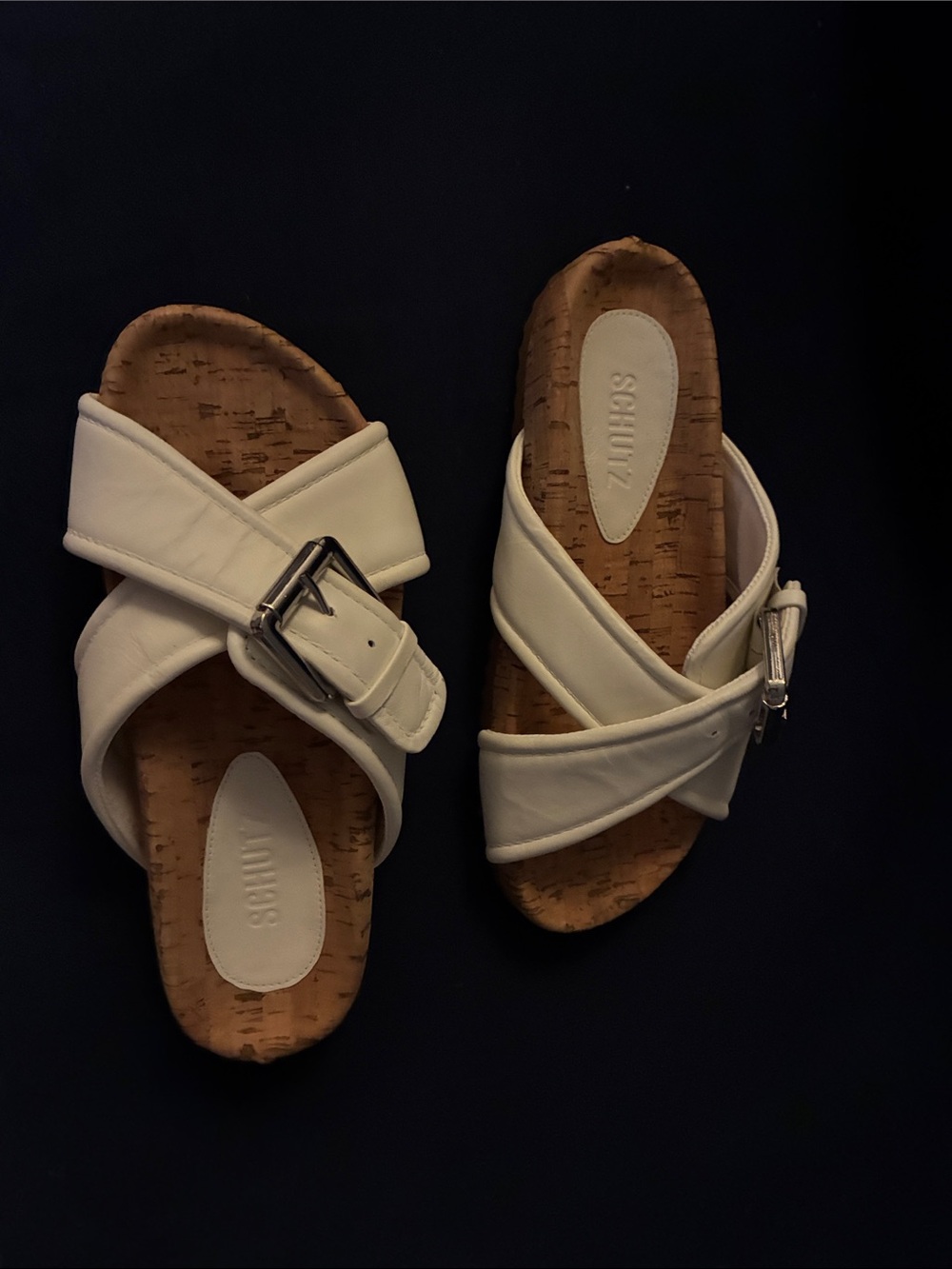 SCHUTZ White Crisscross Cork-Trim Slide Sandals
